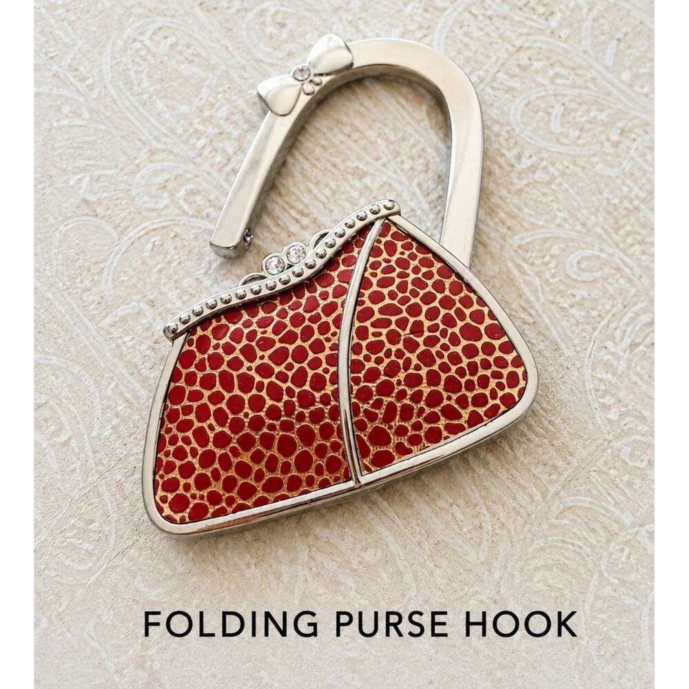 Folding Purse Hook Handbag Table Hanger Red Enamel Rhinestone Bow Foldable Purse